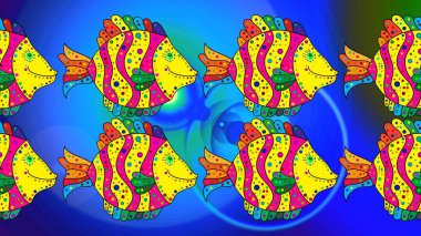 Mavi, sarı ve morumsu. Klasik nakış, tropikal deniz, dalga, balıklar, mercanlar, eskiz modeli. Şık kıyafetler. Nakışlı deniz yaşamı, deniz, tropikal balıklar eskiz deseni. Raster..