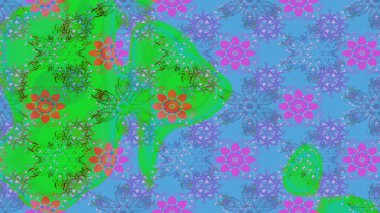 Soyut kış mavi ve yeşil süslemeleri. Raster illüstrasyonu. Güzel kar tanesi. Renkli arka planda izole tatlı kar taneleri. Yuvarlak raster kar tanesi.