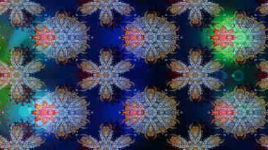 Mavi, kahverengi ve siyah papatyalardan oluşan mavi, kahverengi ve siyah bir desen. Raster illüstrasyonu. Mavi, kahverengi ve siyah renklerde.