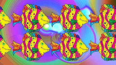 Sarı, mor ve mavi renkli balıklar. Çizim kalıbı. Raster. Balıklarla geometrik fayanslar tekrarlanıyor. Modern stil dokusu.