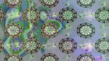 Renkli arka planda izole kar taneleri. Raster illüstrasyonu. Kar taneleri radyal nötr, yeşil ve mavi renkler.