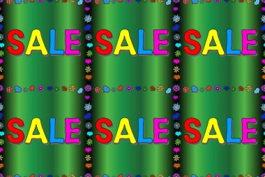 Raster illüstrasyonu. İndirim tabelası, çevrimiçi alışveriş indirimi, Girişimci ve e-ticaret, terzi ve moda sektörü. Yeşil, gri ve mavi renkli resim. Kusursuz..