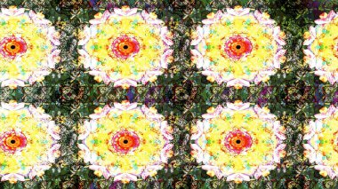 Kumaş desenli papatya çiçeği detayı. Sarı ve nötr renkte çiçekler.