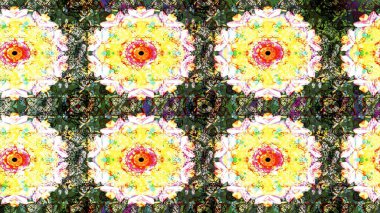 Kumaş desenli papatya çiçeği detayı. Sarı ve nötr renkte çiçekler.