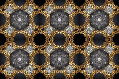 Raster geometrik arka plan. Altın rengi, kusursuz çizim. Senin tasarımın için, duvar kağıdı. Altın desenli gri, kahverengi ve bej renklerde altın çiçekli elementler..