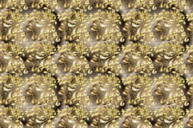 Damask arkaplanı tekerrür ediyor. Antika altın tekrarlanabilir duvar kağıdı. Barok tarzında altın çiçek süsü. Bej ve kahverengi renklerdeki altın element.