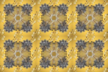 Sarı, gri ve bej renklerde altın rengi ve altın elementler. Tekrarlayan elementlerle soyut arkaplan oluşturun. Raster illüstrasyonu. Kusursuz, klasik altın desen..