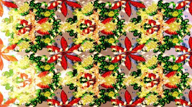 Şirin çiçek elementleri. Sarı, bej ve kırmızı renkte çiçekler. Raster illüstrasyonu. Çizim.