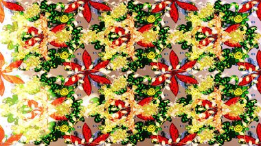 Şirin çiçek elementleri. Sarı, bej ve kırmızı renkte çiçekler. Raster illüstrasyonu. Çizim.