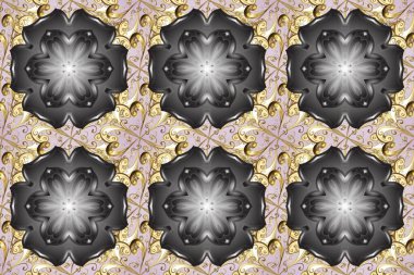 Raster altın tekstil baskısı. Çiçek kiremitleri. İslam tasarımı. Altın desenli gri, nötr ve bej renklerde altın elementler. Kusursuz desenli oryantal süs.