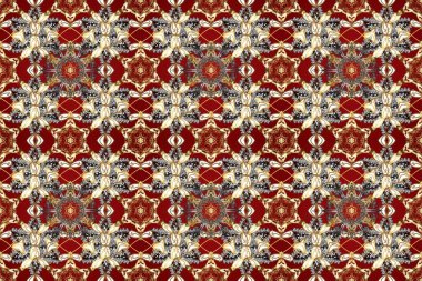 Kırmızı, kahverengi ve bej renklerde altın elementlerle kusursuz klasik desen. Kırmızı, kahverengi ve bej renklerde altın rengi ve altın elementler. Noel, kar tanesi, yeni yıl.