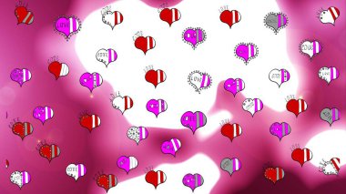 Beyaz, pembe ve morumsu kalp desenleri. Paketleme kalıbı. Tipografi harfleri posteri. Raster illüstrasyonu. Sevgililer Günü. Doku yineleniyor.