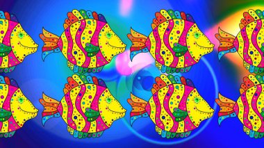 Şirin dekoratif balıklarla çizim raster deseni. Çok renkli bir arka plan, deniz dokusu. Raster illüstrasyonu.