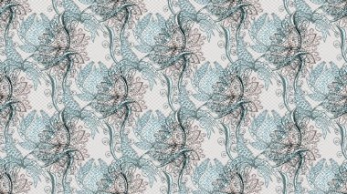 Üzerinde gelincikler ve vadi zambakları olan renkli çiçek desenli nakış deseni. Tekstil tasarımı için gri, nötr ve mavi renkli geleneksel halk çiçekleri buketi.