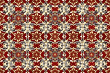 Kırmızı, kahverengi ve bej renklerde altın elementlerle kusursuz klasik desen. Kırmızı, kahverengi ve bej renklerde altın rengi ve altın elementler. Noel, kar tanesi, yeni yıl.