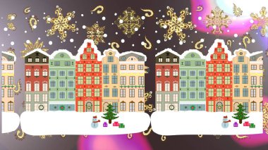 Sihirli ormandaki manzara. Alışılmadık bir Noel çizimi. Kahverengi, nötr ve beyaz renkli kartpostal. Noel tarzında dekore edilmiş inanılmaz bir peri evi. Raster illüstrasyonu.