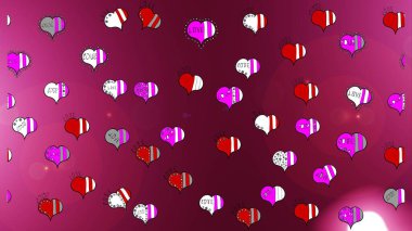 Sketch background of big and small hearts with swirls in purple, red and pink colors. Raster illustration. clipart