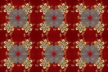Kahverengi, bej ve kırmızı renklerde altın elementlerle kusursuz desen. Kusursuz klasik raster altın desenli. Geleneksel oryantasyon süsü. Klasik vintage arkaplan.