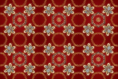 Kırmızı, kahverengi ve bej renklerde altın elementlerle kusursuz desen. Kusursuz altın desen. Raster doğulu süsü.