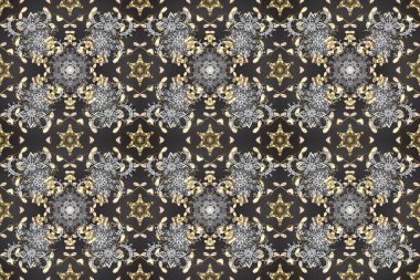 Barok tarzında duvar kağıdı tasarımı için kusursuz damaske deseni arkaplanı. Gri ve bej renklerde altın desenli altın elementler. Süslü raster dekorasyonu.