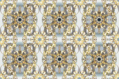 Damask arkaplanı. Gri, bej ve nötr renklerde altın bir element. Barok tarzında altın çiçekli süs. Altın çiçekli, pürüzsüz desen.