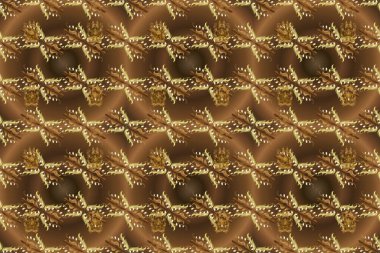 Sembol bayramı, yeni yıl kutlamaları, altın desenler. Kahverengi, bej ve nötr renklerde altın kar taneleri. Kış kar dokusu duvar kağıdı. Noel altın kar taneleri kusursuz desen.