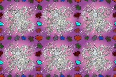 Mor, nötr ve pembe renkte çiçekler. El çizimi çiçekleri olan soyut, pürüzsüz desen.