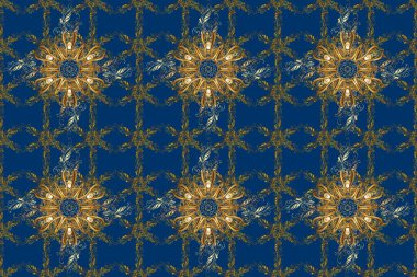 Sarı, mavi, kahverengi renklerde Raster altın deseni. Altın kar taneleri basit, pürüzsüz desen. Soyut duvar kâğıdı, ambalaj dekorasyonu. Kışın sembolü, Mutlu Noel tatili, Mutlu yıllar 2019.