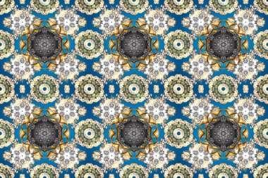 Gri, bej ve mavi renklerde altın sarısı elementler. Kusursuz damaske klasik altın desen. Tekrarlayan elementlerle soyut arkaplan oluşturun. Raster illüstrasyonu.