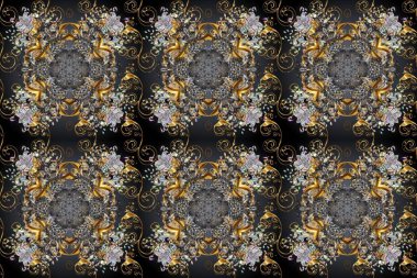 Kusursuz kıvırcık saçlar. Raster altın desen. Doğulu stil altın deseni altın elementlerle gri, kahverengi ve siyah renklerle donatır..
