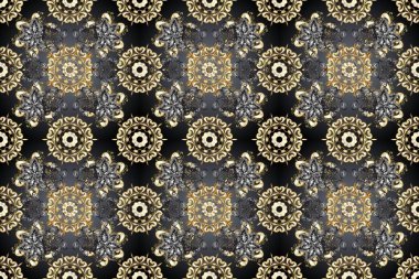 Altın çiçekli, pürüzsüz desen. Damask arkaplanı. Barok tarzında altın çiçekli süs. Gri, kahverengi ve bej renklerde altın bir element.
