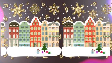 Kahverengi, gri ve nötr renklerde resimler ve Noel ağacı. Tatil havası. Şirin manzaralı küçük bir ev. Raster..