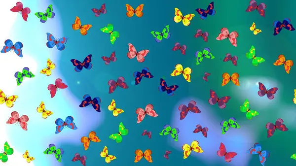 Raster Arkaplanı mavi, yeşil renklerde. Renkli Kelebeklerle Bahar Arkaplanı. Güzel Kelebek Siluetleriyle Moda Dekorasyonu. Kart, Davetiye, Yazdırma İçin Şirin Kadınsı Desen.