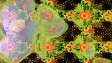 Çizim çiçek deseni duvar kâğıdı olarak kullanılabilir. Yeşil, nötr ve kahverengi renkte çiçekler. Raster illüstrasyonu.