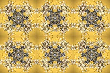 Sarı, bej ve gri renklerde altın element. Lüks, kraliyet ve Viktorya dönemi konsepti. Süslü raster dekorasyonu. Sarı, bej ve gri üzerine altın desenli klasik barok çiçek desenleri..