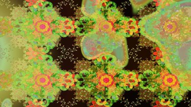 3D çiçekler, eskiz. Raster illüstrasyonu. Yeşil, sarı ve kahverengi renklerde.