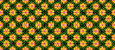 Tatil havası. Raster dikişsiz şirin çiçek deseni. Bahar mevsimi. Nazik romantik baskı. Turuncu, sarı ve yeşil renkte çiçekler.