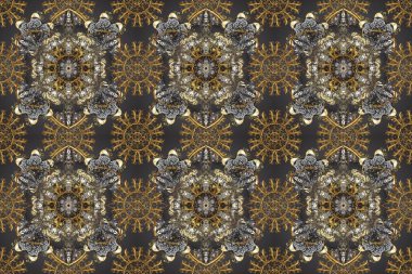 Kusursuz desenli oryantal süs. Raster altın tekstil baskısı. İslam tasarımı. Çiçek kiremitleri. Altın desenli gri, kahverengi ve bej rengi altın elementlerle.