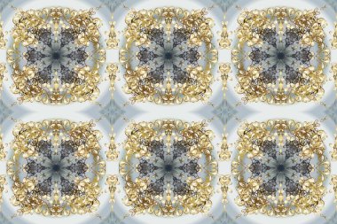 Kusursuz desenli oryantal süs. Raster altın tekstil baskısı. İslam tasarımı. Çiçek kiremitleri. Altın desenli gri, bej ve nötr altın elementler.