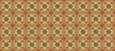 Bej ve kahverengi renkte desen. Kına dövmeli süs çiçekleri, altın çıkartmalar, mehndi ve yoga tasarımı, kartlar ve parmak izleri. Raster altın mehndi kusursuz desen.