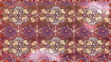Eski moda arka plan. Çiçek çelengi. Kıvırcık, parlak örgü. Güzel, parlak, pürüzsüz kumaş, tuval. Şablon, pürüzsüz, çiçekli kenar. Raster illüstrasyonu.