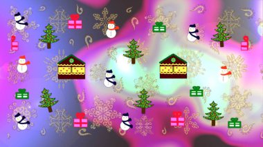 Paper art of happy new year house with on violet, neutral and gray colors hills. Paper art carving. Raster illustration. clipart