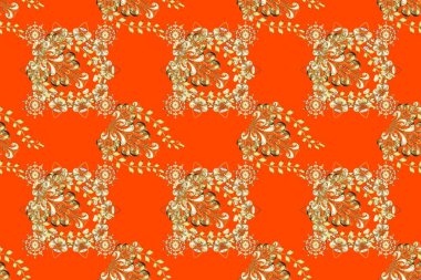 Damask kusursuz yinelenen arkaplan. Doku arka planında altın duvar kâğıdı. Turuncu, bej ve kahverengi renklerde altın element. Barok tarzında altın çiçekli süs..