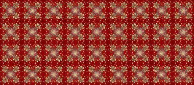 Kırmızı üzerinde kusursuz desen, altın elementli bej renkler. Parlak dantel, stilize çiçekler, şal desenli. Hassas altın deseni açın. Raster. Doğu tarzı arabesk. Kusursuz altın dokular bukleler