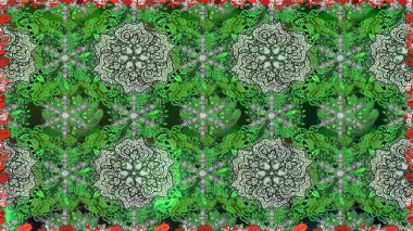 Raster illüstrasyonu. Çiçek buketleriyle klasik tarzda kusursuz desenler. Yeşil renklerde.