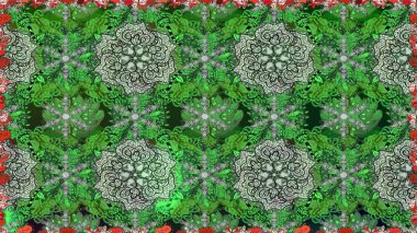 Raster illüstrasyonu. Çiçek buketleriyle klasik tarzda kusursuz desenler. Yeşil renklerde.