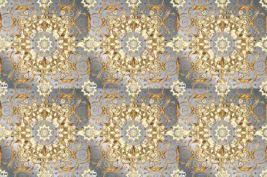 Gri ve bej renklerde altın elementlerle kusursuz desen. Raster. Kusursuz altın desenli bukleler. Parlak dantel, stilize çiçekler, şal desenli. Hassas altın desen. Doğu tarzı arabesk.