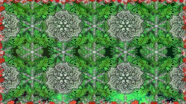 Raster Çiçek İllüstrasyonu güzel tekstil. Yeşil renkli etnik çiçeklerle kusursuz bir desen..
