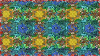 Zentangle soyut çiçekleri. Karalama çiçeği. Raster illüstrasyonu. Güzel kumaş deseni. Renkli Bahar Temalı Kusursuz Arkaplan. Düz Çiçek Elementleri Tasarımı.