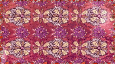 Halk tarzı. Parlak renkli çiçekleri ve pembe renkli yaprakları olan, kusursuz çiçek desenleri. Modern çiçek arkaplanı. Moda baskıları için zarif bir şablon.